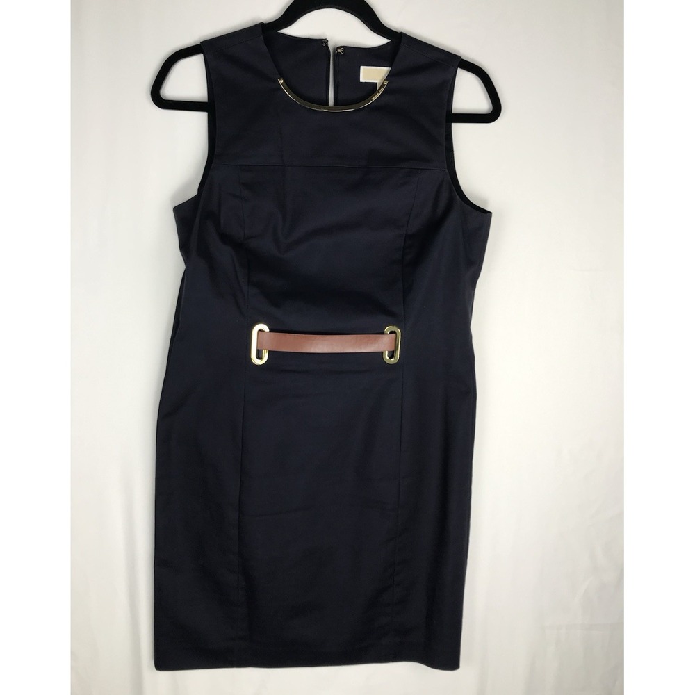 Michael Kors Navy Blue Belted Sheath Dress Gold Hardware Size S